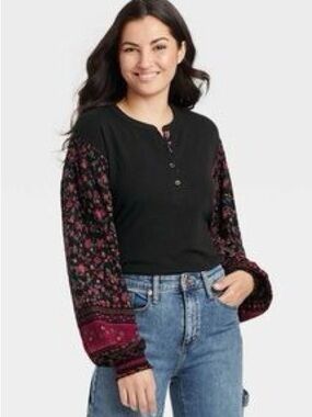 Knox Rose Black Floral Puff Sleeve Henley Top - XL